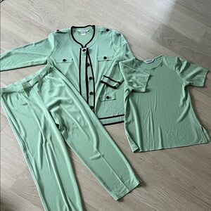 Misook Light Green Three Piece Knit Set with Black Accents